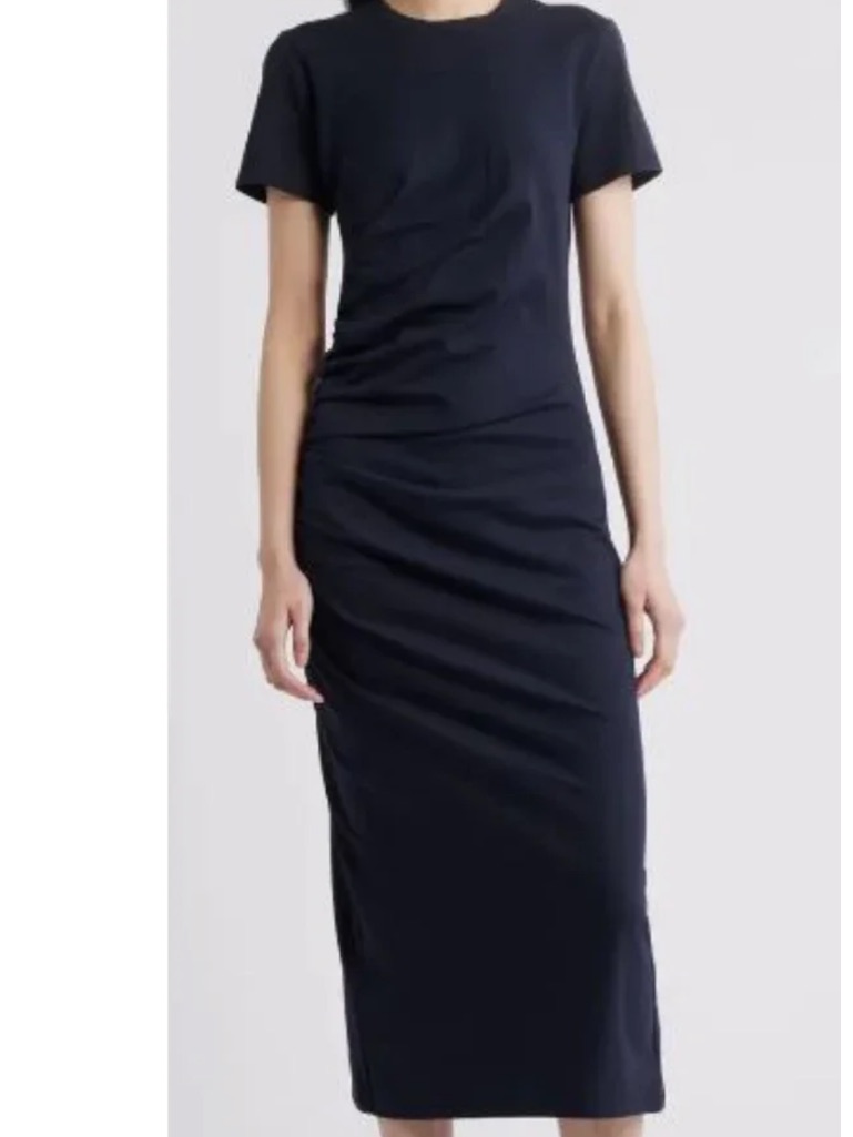 Frame The Twist Organic Cotton Navy Midi T- Shirt Dress, Medium